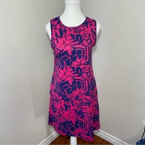 Columbia PFG Pink & Navy Tropical-Print Sleeveless Midi Dress Medium